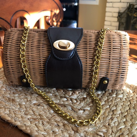 Handbags - Brown Leather and Straw Clutch/Handbag